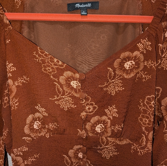 Madewell Floral Button Front Long Sleeve Crop Top Brown Boho Blouse Size Small - Picture 5 of 12